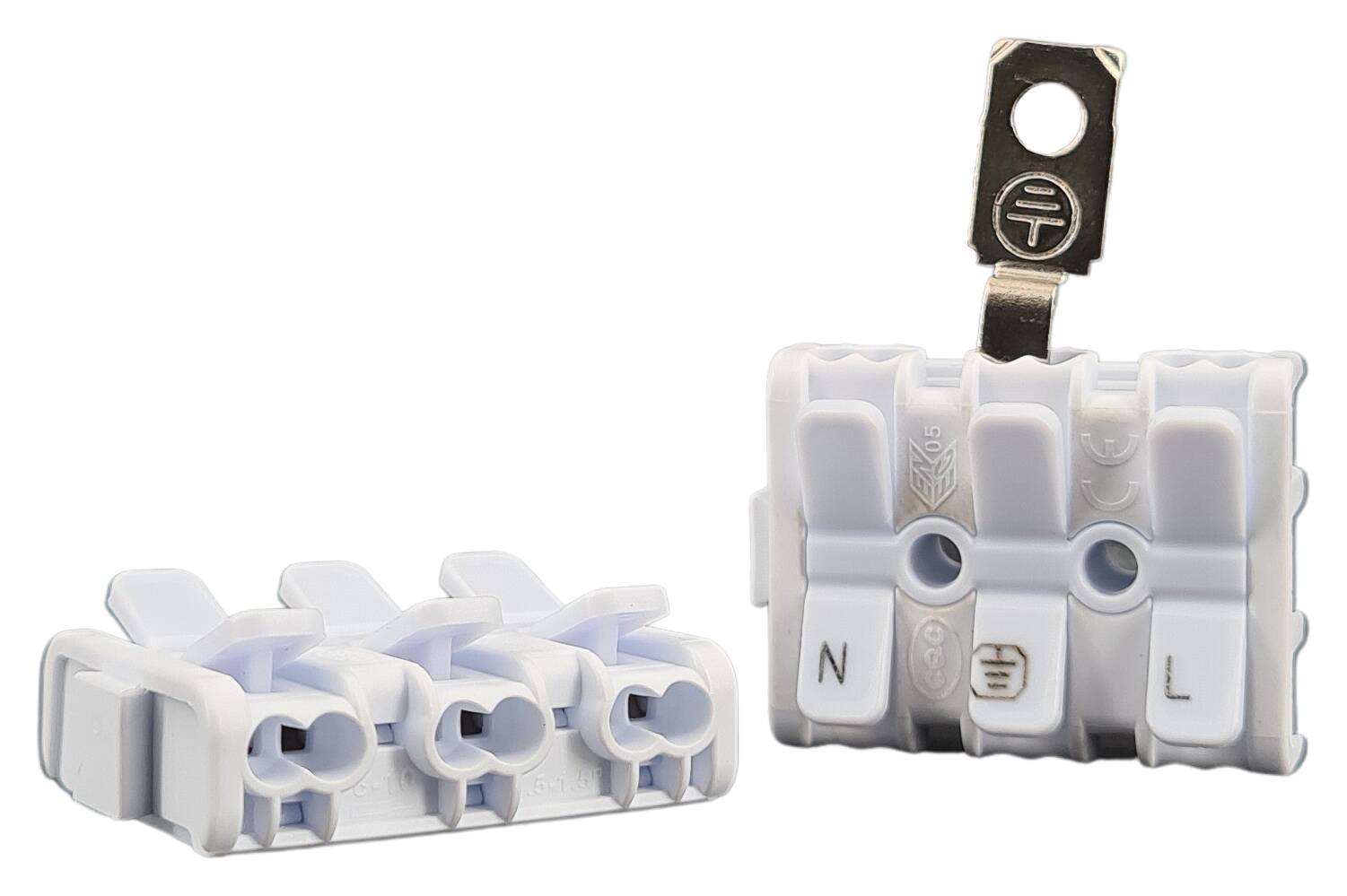 3 way terminal block with push wire connection, earth bracket, Marking (N,E,L), detachable on both sides