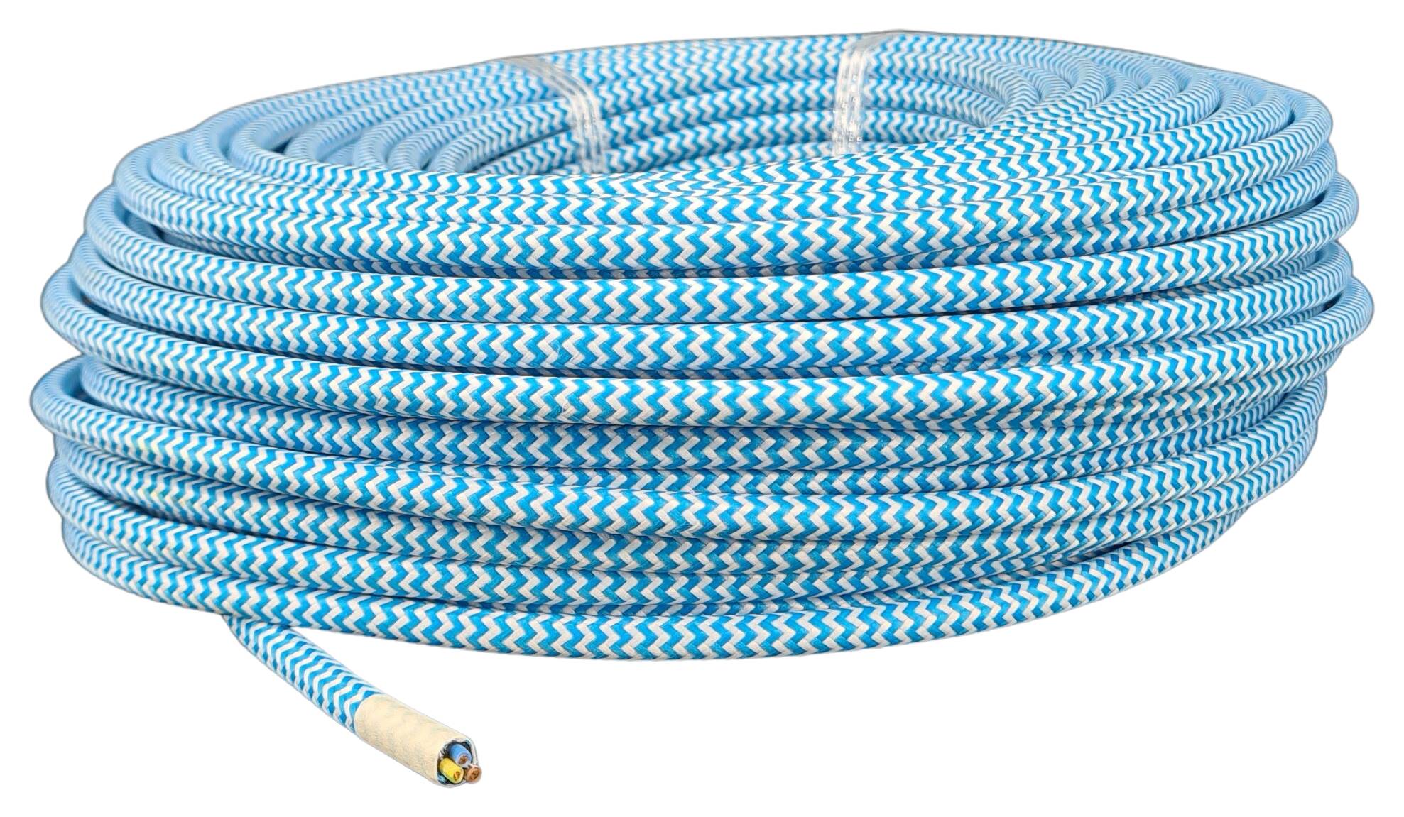 cable 3G 0,75 H03VV-F textile braided zigzag lightblue (RAL 5015)/white