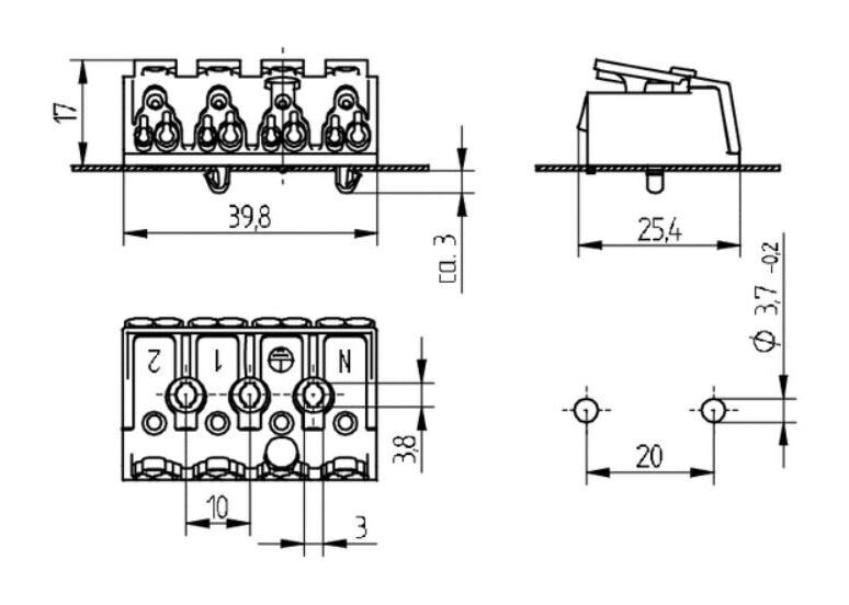 4 way terminal block with push wire connection, snap in pins Marking (N+E,1,2)