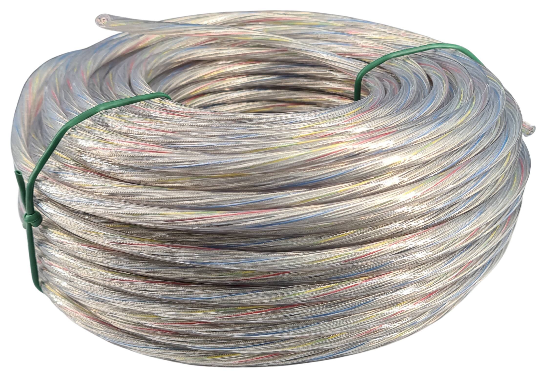 cable 5x0,75 round FEP/PVC transparent 
Identifying String green-yellow; blue; black; red; without; 50 mtr. rings - neutrally packaged