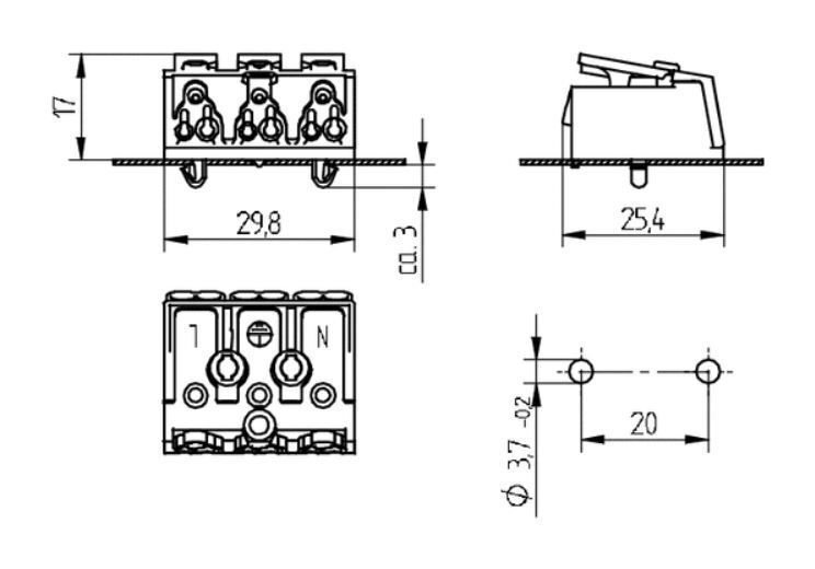 3 way terminal block with push wire connection, earth bracket and snap in pins Marking (N+E+L