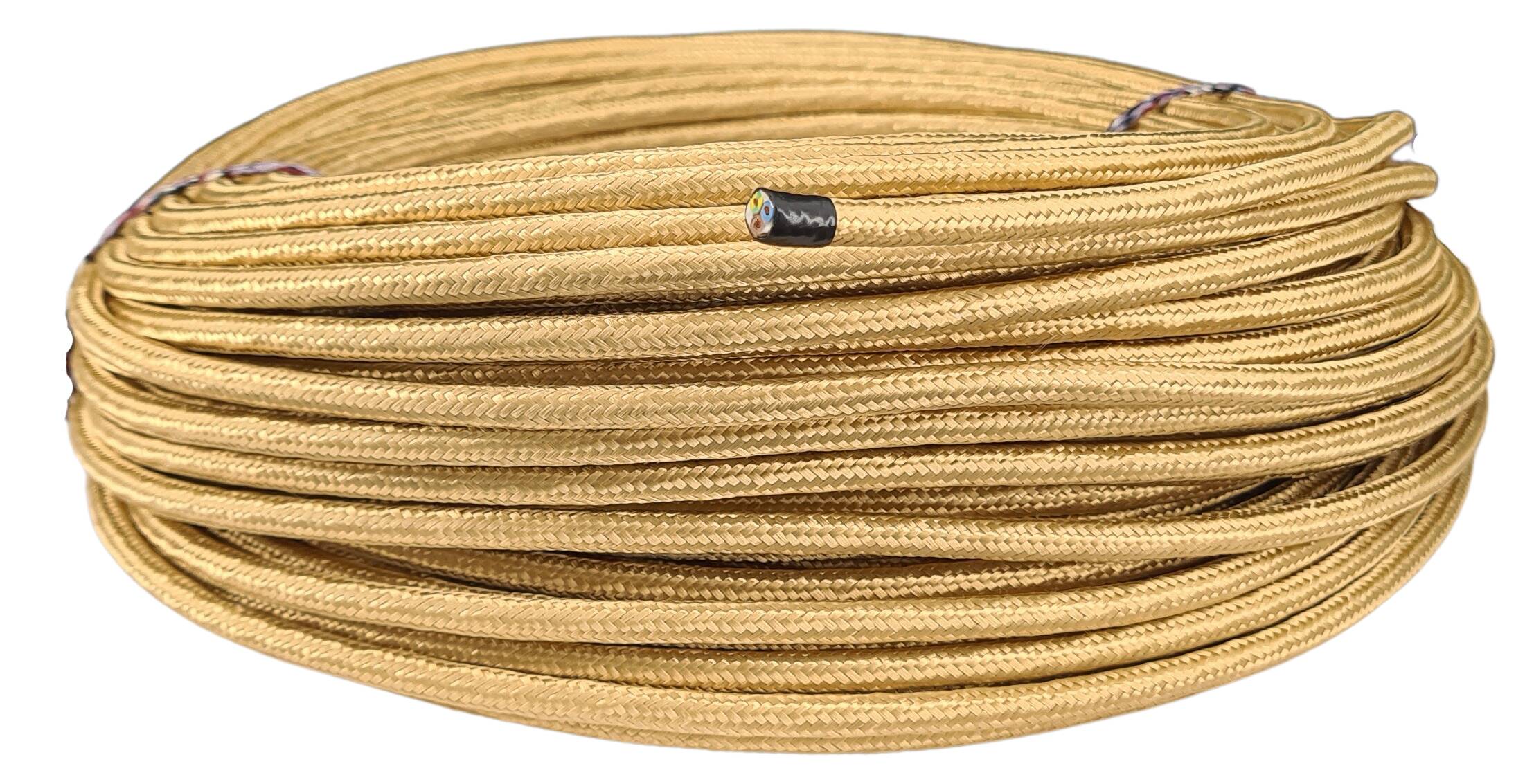 Kabel 3G 0,75 H03RT-F Baumwolle umsponnen AD. ca. 6,5 mm RAL 1036 gold glänzend